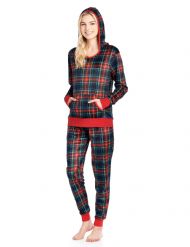 Ashford & Brooks Women's Mink Fleece Hoodie Pajama Set - Black Stewart Plaid