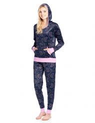 Ashford & Brooks Women's Mink Fleece Hoodie Pajama Set - Pink Navy Paisley