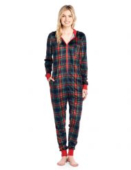 Ashford & Brooks Women's Fleece Hooded One Piece Pajama Jumpsuit - Black Stewart Plaid