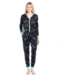 Ashford & Brooks Women's Fleece Hooded One Piece Pajama Jumpsuit - Black Turquoise Feather