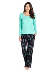 Ashford & Brooks Women's Long Sleeve Cotton Top Fleece Pants Pajama Set - Black Turquoise Feather