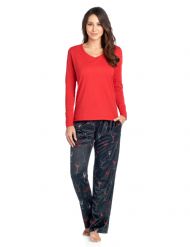 Ashford & Brooks Women's Long Sleeve Cotton Top Fleece Pants Pajama Set - Black Wine