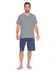 Ashford & Brooks Men's Woven Short Sleeve Jersey Top & Pajama Shorts Set - Blue/Burgundy