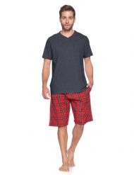 Ashford & Brooks Men's Woven Short Sleeve Jersey Top & Pajama Shorts Set - Red/Black Stewart