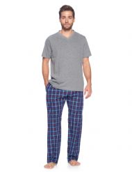 Ashford & Brooks Men's Woven Short Sleeve Jersey Top & Pajama Pants Set - Blue/Burgundy