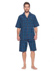 Ashford & Brooks Mens Woven Short Sleeve Pajama Shorts Set  - Black/Blue/Plaid
