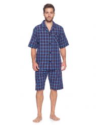 Ashford & Brooks Mens Woven Short Sleeve Pajama Shorts Set  - Blue/Burgundy
