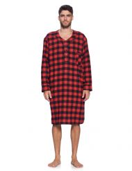 Ashford & Brooks Mens Flannel Plaid Long Sleep Shirt Henley Nightshirt - Red Check