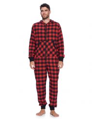 Ashford & Brooks Mens Flannel Hooded One Piece Pajama Union Jumpsuit - Red Buffalo Check