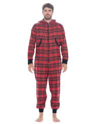Ashford & Brooks Mens Flannel Hooded One Piece Pajama Union Jumpsuit - Red Stewart Plaid