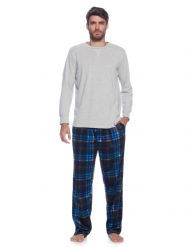 Ashford & Brooks Men's Jersey Knit Long-Sleeve Top and Mink Fleece Bottom Pajama Set - Blue/Black Plaid