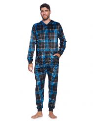 Ashford & Brooks Men's Adult Mink Fleece Hooded One-Piece Union Suit Pajamas - Blue/Black Plaid
