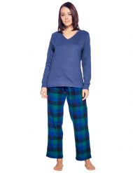 Ashford & Brooks Womens Cotton Long-Sleeve Top Flannel Pants Pajama Sleepwear Set - Navy Green Check