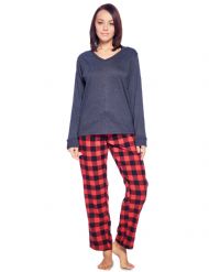 Ashford & Brooks Womens Cotton Long-Sleeve Top Flannel Pants Pajama Sleepwear Set - Red Buffalo Check