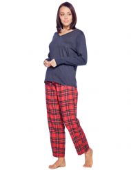 Ashford & Brooks Womens Cotton Long-Sleeve Top Flannel Pants Pajama Sleepwear Set - Red Stewart