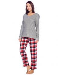 Ashford & Brooks Womens Cotton Long-Sleeve Top Flannel Pants Pajama Sleepwear Set - Red White Black