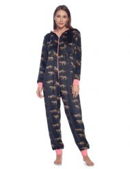 Ashford & Brooks Women's Fleece Hooded One Piece Pajama Jumpsuit - Leopard Black