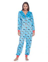 Ashford & Brooks Women's Fleece Hooded One Piece Pajama Jumpsuit - Turquoise Dog Love