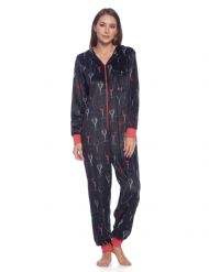 Ashford & Brooks Women's Fleece Hooded One Piece Pajama Jumpsuit - Black Wine