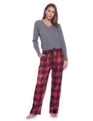 Ashford & Brooks Women's Long Sleeve Cotton Top Fleece Pants Pajama Set - Red Buffalo Check