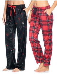 Ashford & Brooks Women's Plush Mink Fleece Pajama Sleep Pants 2 Pack - Set 7 - Black Wine/ Red Stewart plaid