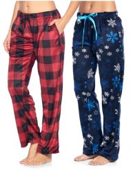 Ashford & Brooks Women's Plush Mink Fleece Pajama Sleep Pants 2 Pack - Set 8 - Navy Frozen Snowflake/ Red Buffalo Check