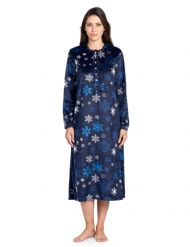 Ashford & Brooks Women's Mink Fleece Long Sleeve Nightgown - Navy Frozen Snowflake