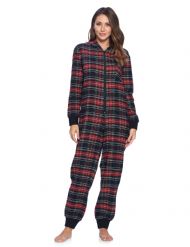 Ashford & Brooks Women's Flannel Hooded One Piece Pajama Union Jumpsuit - Black Stewart Plaid
