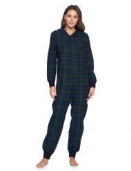 Ashford & Brooks Women's Flannel Hooded One Piece Pajama Union Jumpsuit - Navy Blackwatch Plaid