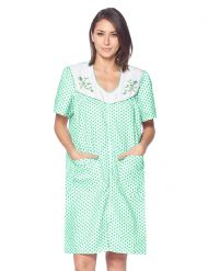 Casual Nights Women's Zipper Front House Dress Short Sleeves Embroidered Seersucker Housecoat Duster Lounger - Dots Green