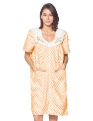 Casual Nights Women's Zipper Front House Dress Short Sleeves Embroidered Seersucker Housecoat Duster Lounger - Dots Orange