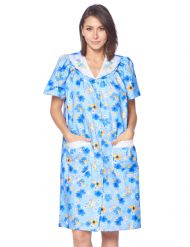 Casual Nights Women's Snap Front House Dress Short Sleeve Woven Duster Housecoat Lounger Sleep Gown - Floral Blue