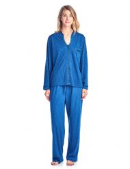 Casual Nights Women's Long Sleeve Floral Lace Trim Pajama Set - Blue