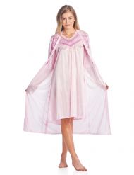 Casual Nights Women's Satin 2 Piece Robe and Nightgown Set - Embroidered Pink