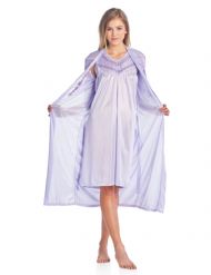 Casual Nights Women's Satin 2 Piece Robe and Nightgown Set - Embroidered Purple