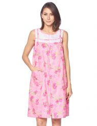 Casual Nights Women's Woven Zip Front House Dress Sleeveless Housecoat Duster Lounger Sleep Gown- Floral Pink