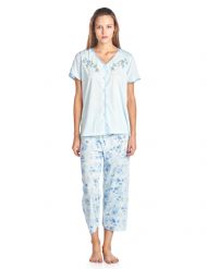 Casual Nights Women's Short Sleeve Floral Satin Lace Capri Pajama Set - Blue