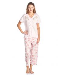 Casual Nights Women's Short Sleeve Floral Satin Lace Capri Pajama Set - Pink