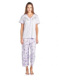 Casual Nights Women's Short Sleeve Floral Satin Lace Capri Pajama Set - Purple
