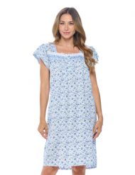 Casual Nights Women's Cap Sleeves Embroidered  Floral Lace Night Gown- Blue