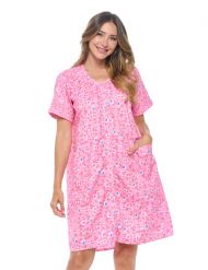 Casual Nights Women's Snap front House Dress Short Sleeve Woven Duster Housecoat Lounger Sleep Dress - Garden Pink