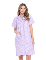Casual Nights Women's Snap front House Dress Short Sleeve Woven Duster Housecoat Lounger Sleep Dress - Striped Purple
