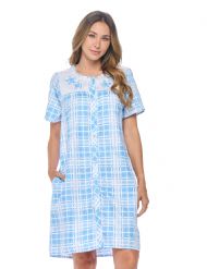 Casual Nights Women's Snap Front House Dress Short Sleeve Embroidered Seersucker Duster Housecoat Lounger - Plaid Blue