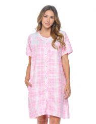 Casual Nights Women's Snap Front House Dress Short Sleeve Embroidered Seersucker Duster Housecoat Lounger - Plaid Pink