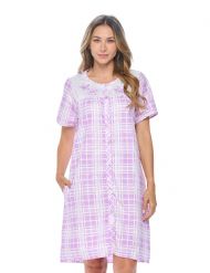 Casual Nights Women's Snap Front House Dress Short Sleeve Embroidered Seersucker Duster Housecoat Lounger - Plaid Purple