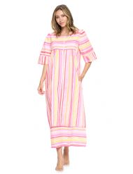 Casual Nights Women's Zip Front Woven House Dress 3/4 Sleeves Housecoat Long Duster Lounger - Pink
