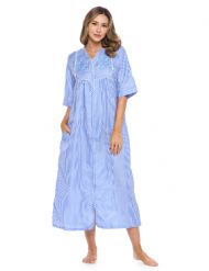Casual Nights Women's Zip Front Seersucker House Dress 3/4 Sleeves Housecoat Long Duster Lounger - Striped Blue