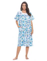 Casual Nights Women's Snap - Front House Dress Short Sleeve Woven Housecoat Duster Lounger Robe with Pockets - Blue Butterfly