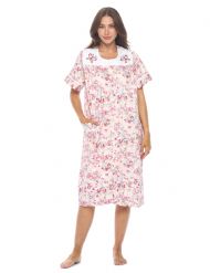 Casual Nights Women's Snap - Front House Dress Short Sleeve Woven Housecoat Duster Lounger Robe with Pockets - Pink Floral