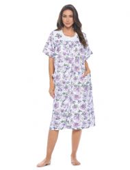Casual Nights Women's Snap - Front House Dress Short Sleeve Woven Housecoat Duster Lounger Robe with Pockets - Purple Butterfly